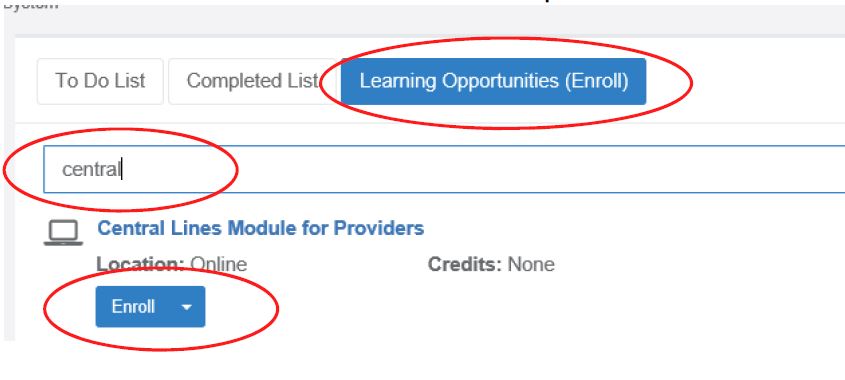 Click Enroll after searching in the Learning Opportunities tab